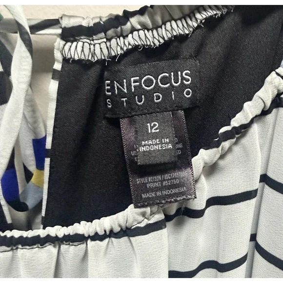 En Focus Studio Striped Maxi Dress Black White Blue Drawstring Strap Size 12 - Picture 5 of 7